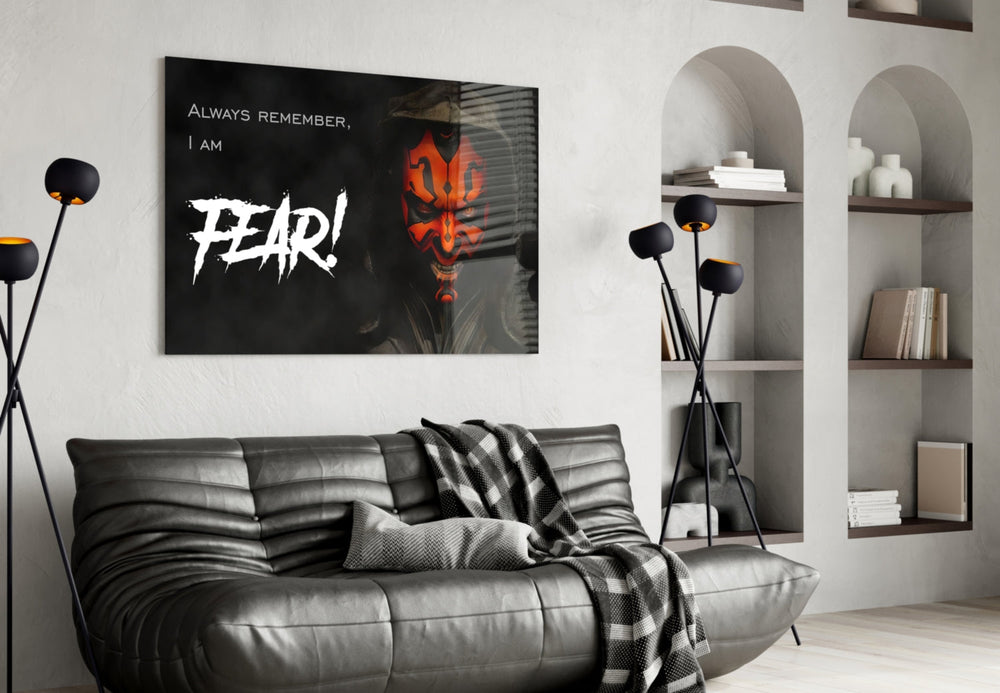 Darth Maul glass wall art styled above a console in a gaming room