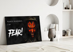 Darth Maul close-up showing hooded Sith with crimson tattoos and Always Remember quote