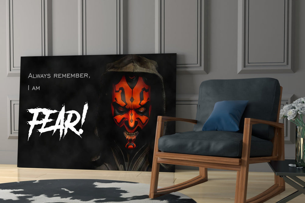 Darth Maul glass print enhancing a teen lounge with cinematic mood