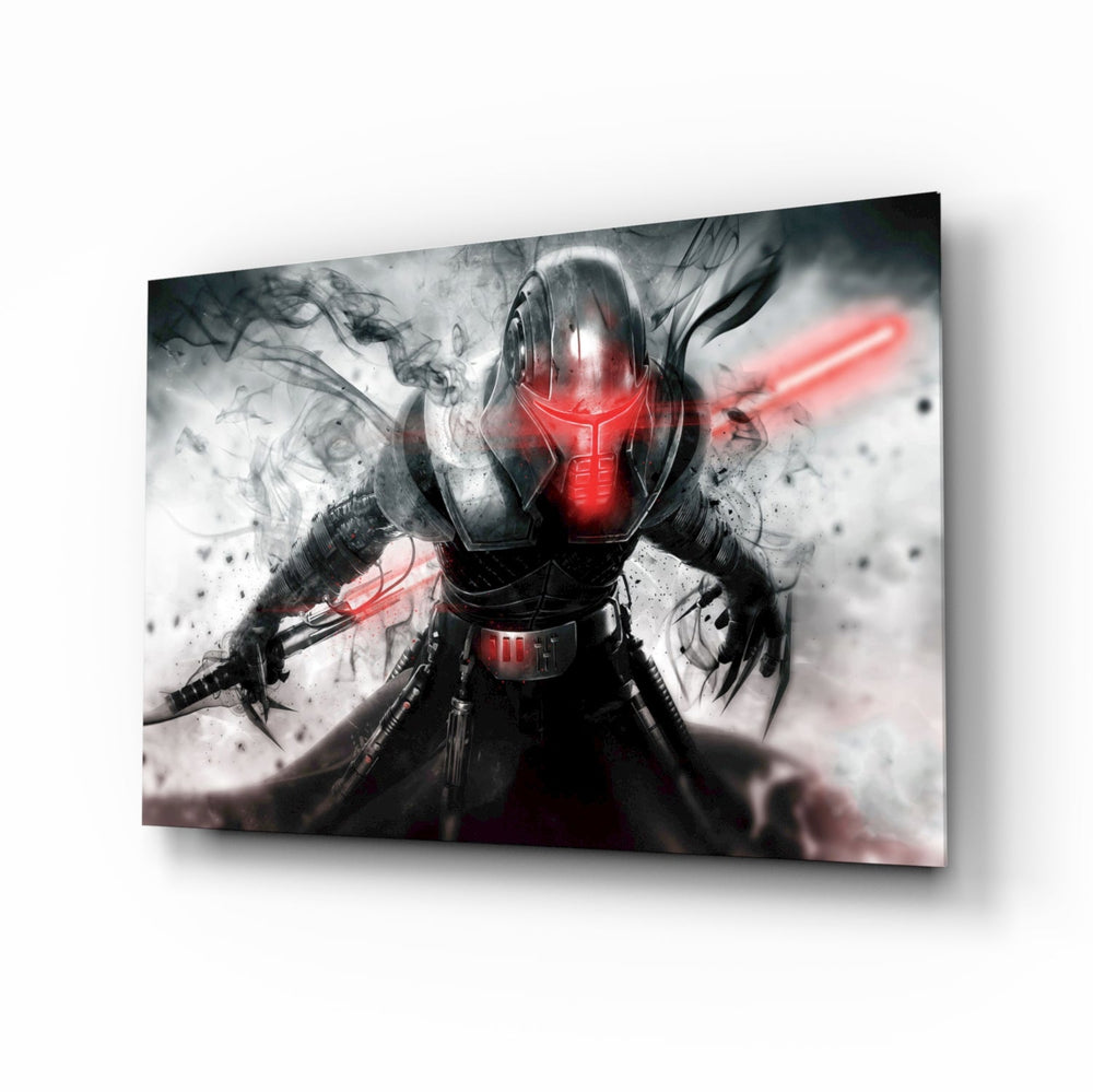 Lord Starkiller glass wall art displayed above a black leather sectional in a home theater with brass arc lamp and reclaimed-wood console