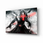 Lord Starkiller glass wall art displayed above a black leather sectional in a home theater with brass arc lamp and reclaimed-wood console