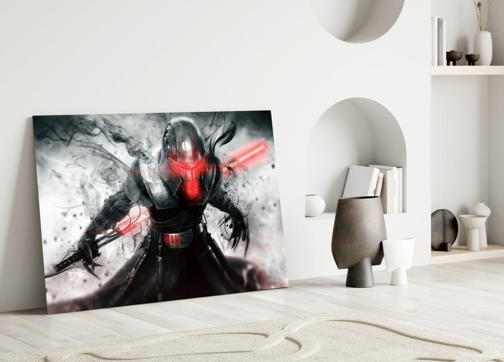Lord Starkiller close-up showing Sith warrior with twin crimson sabers in onyx smoke