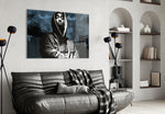 Tupac Shakur glass wall art styled above a console in a hallway