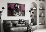 Tupac Shakur glass wall art styled above a console in a hallway