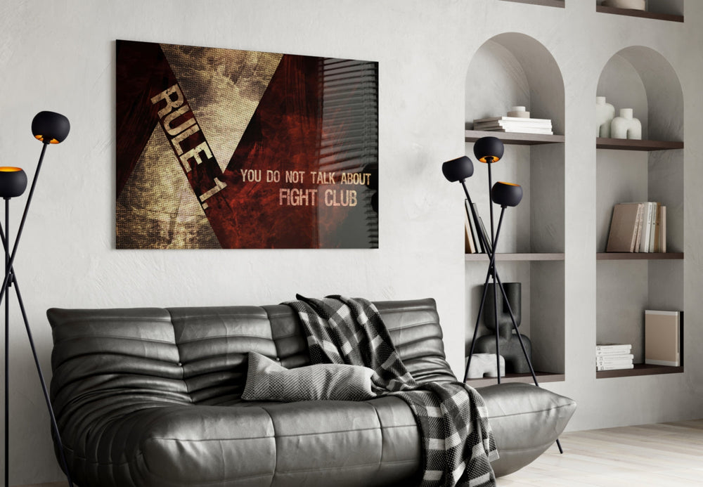 Fight Club: Rule 1 glass wall art styled above a desk in an office