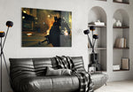 Batman glass wall art styled above a console in a gaming room