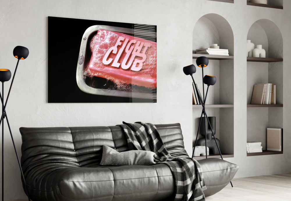 Fight Club glass wall art styled above a vanity in a bathroom