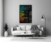 Advices glass wall art styled above a bed in a bedroom