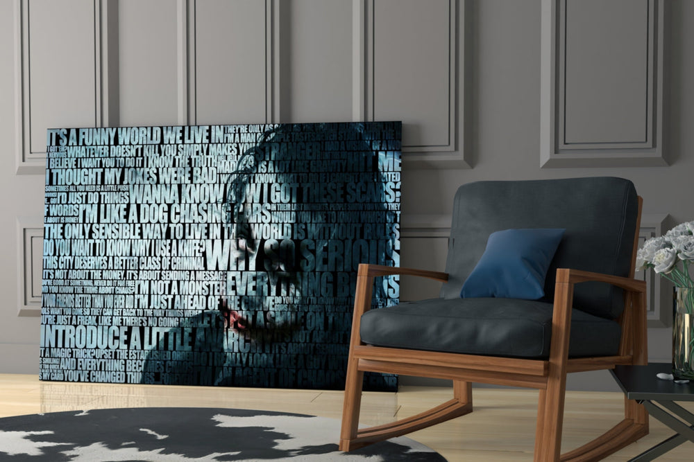 Joker glass print enhancing a teen lounge with cinematic mood
