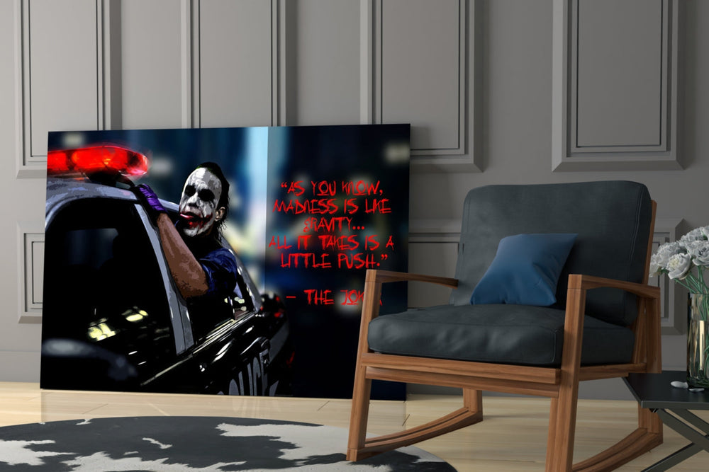 Joker glass print enhancing a teen lounge with cinematic mood