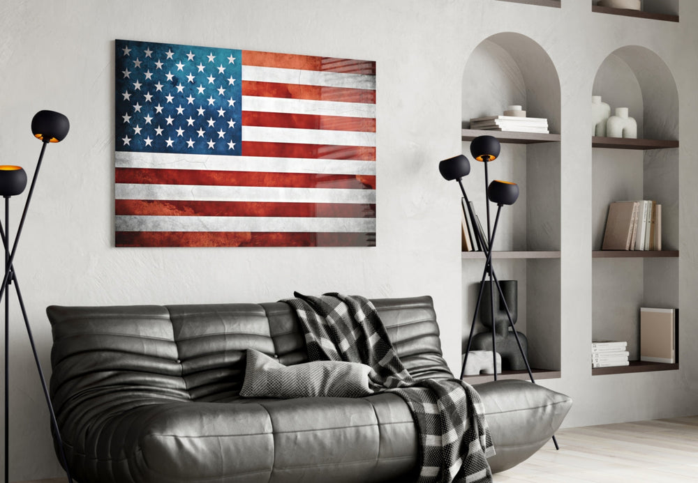 Flag of the United States glass wall art styled above a desk in an office