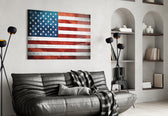 Flag of the United States glass wall art styled above a desk in an office