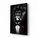 Lion as a Gentleman glass wall art displayed above a leather chesterfield in a moody man cave with reclaimed-wood console and brass arc lamp