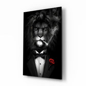 Lion as a Gentleman glass wall art displayed above a leather chesterfield in a moody man cave with reclaimed-wood console and brass arc lamp
