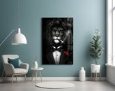 Lion as a Gentleman glass wall art styled above a desk in an office