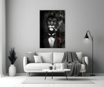 Lion as a Gentleman close-up showing tuxedoed lion smoking cigar with crimson rose