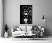 Lion as a Gentleman close-up showing tuxedoed lion smoking cigar with crimson rose