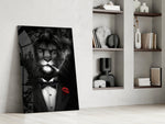 Lion as a Gentleman glass print enhancing a study with cinematic warmth