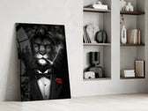 Lion as a Gentleman glass print enhancing a study with cinematic warmth