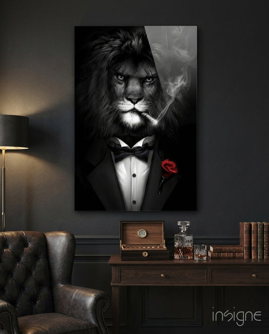 Lion as a Gentleman Glass Wall Art - Lifestyle preview in a designer interior