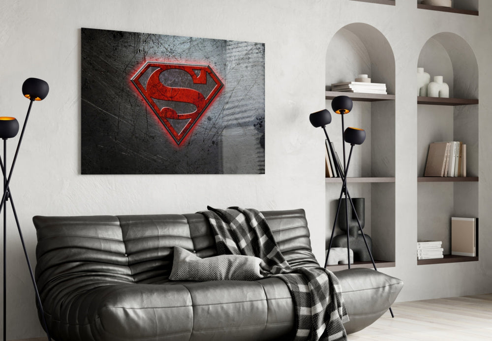 Superman glass wall art styled above a console in a gaming room