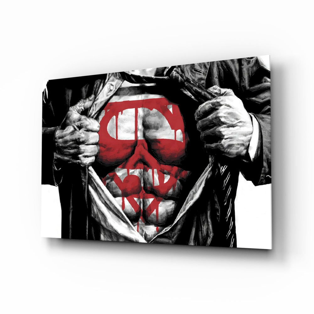 Superman glass wall art displayed above a leather chesterfield in a moody man cave with reclaimed-wood console and brass arc lamp
