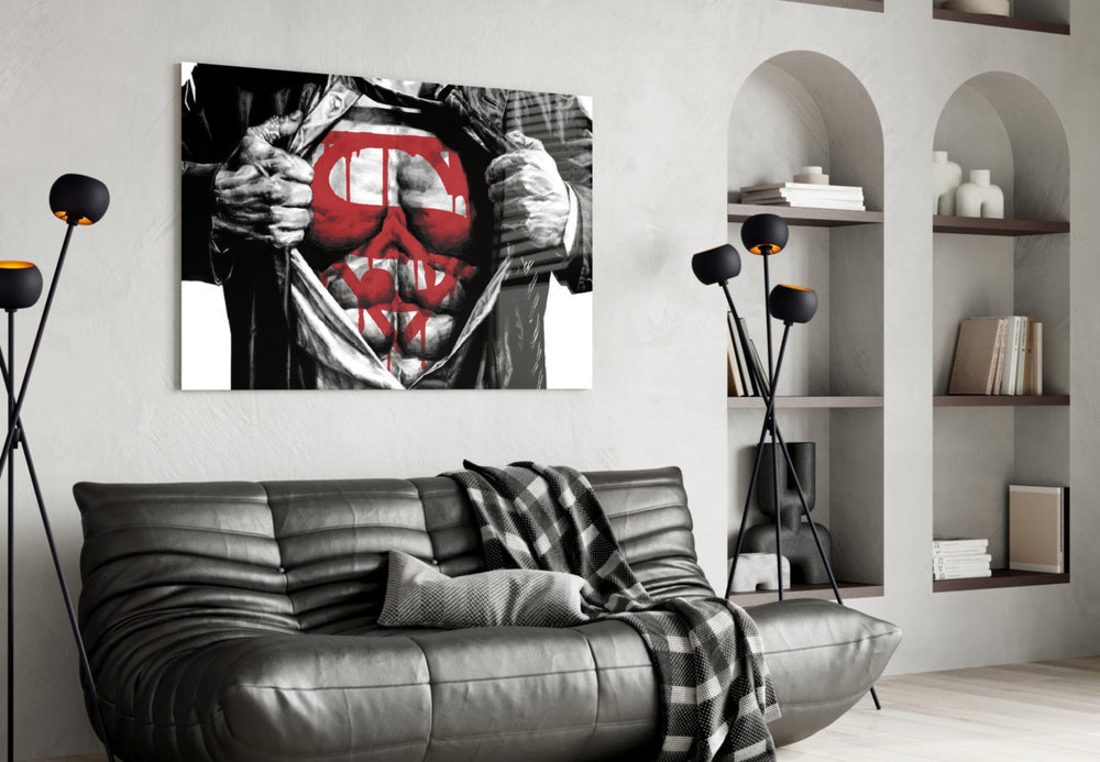 Superman glass wall art styled above a desk in a kids room