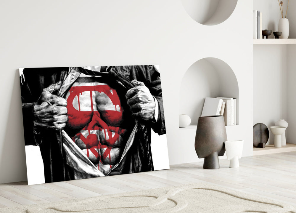 Superman close-up showing painterly shirt tear with dripping crimson crest