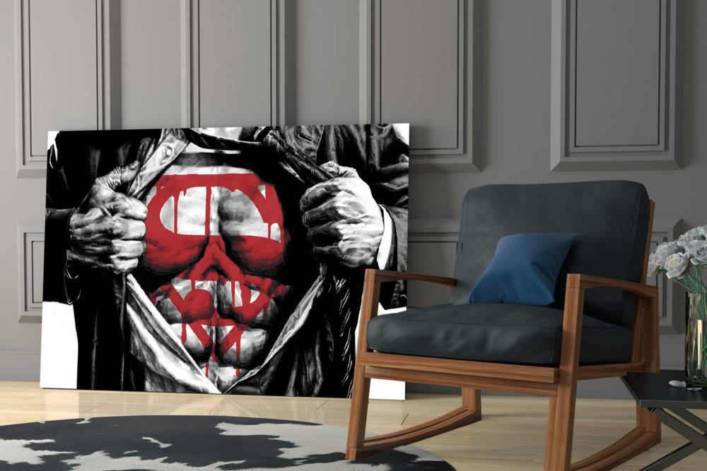 Superman glass print enhancing a teen lounge with cinematic mood