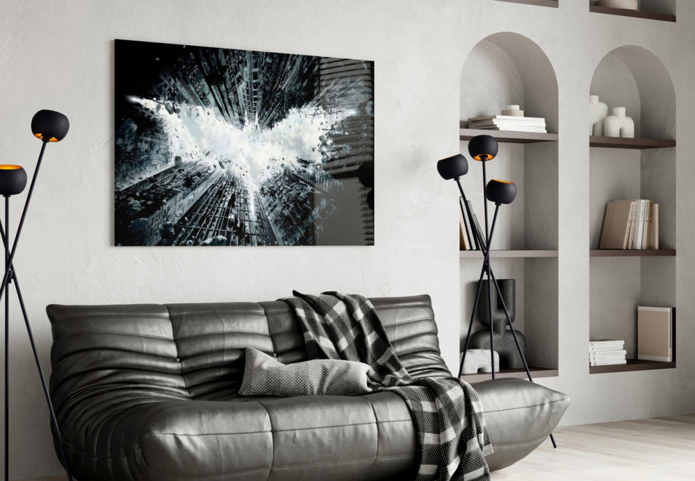 Batman and Gotham City glass wall art styled above a console in a gaming room