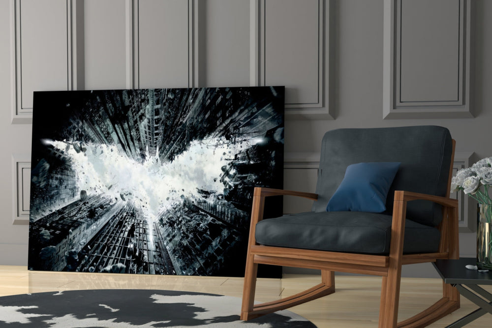 Batman and Gotham City glass print enhancing a teen lounge with cinematic mood