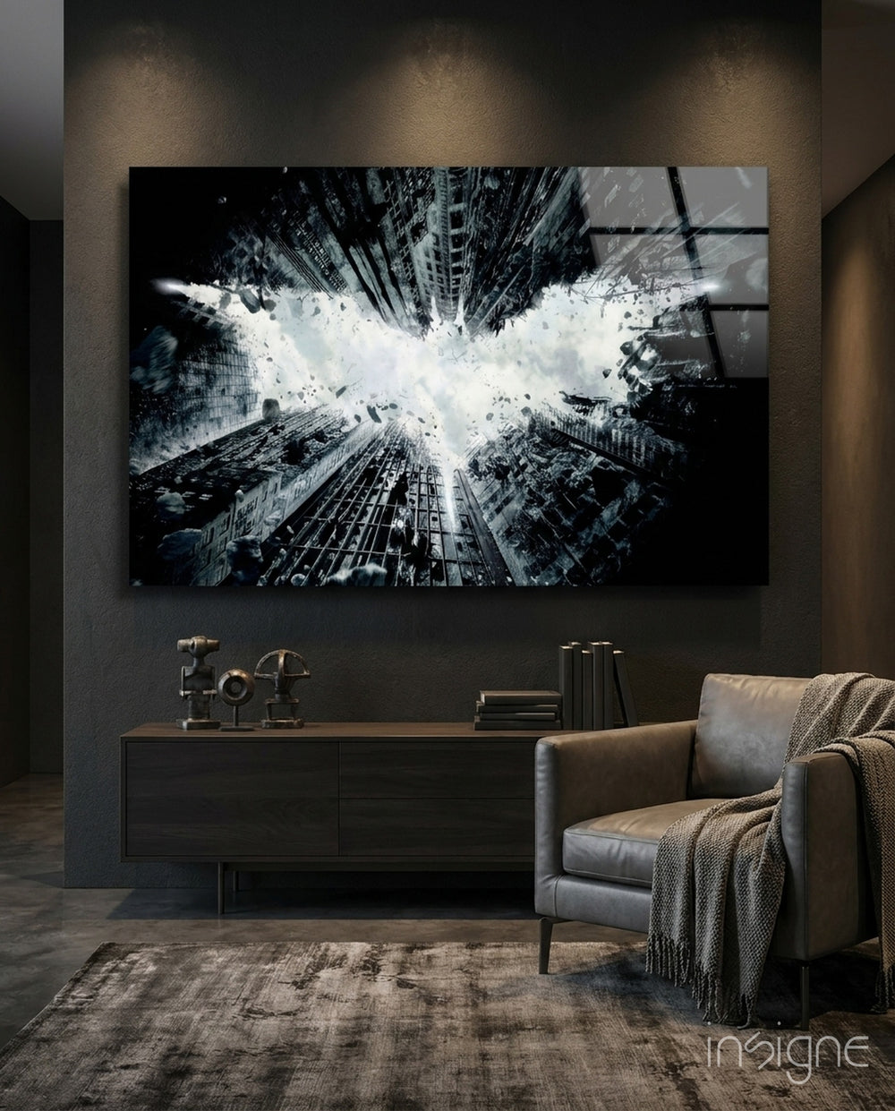 Batman and Gotham City Glass Wall Art - Lifestyle preview in a designer interior