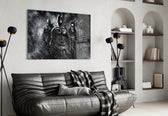 Batman, Catwomen and Bane glass wall art styled above a console in a gaming room