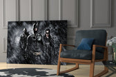 Batman, Catwomen and Bane glass print enhancing a teen lounge with cinematic mood