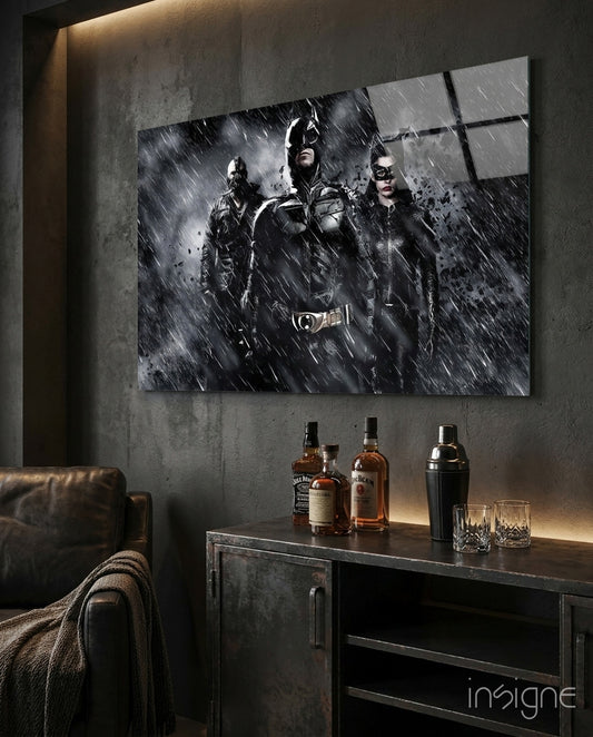 Batman, Catwomen and Bane Glass Wall Art - Lifestyle preview in a designer interior