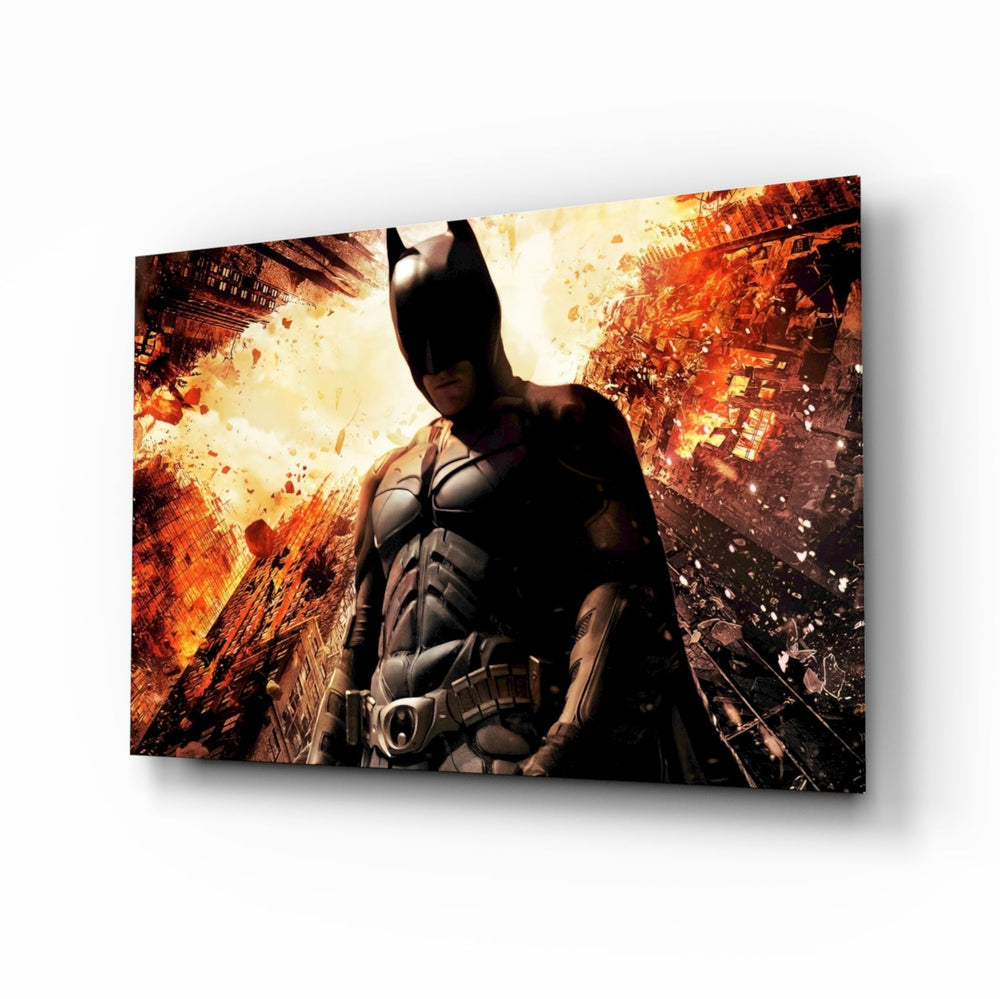 Batman and Gotham City glass wall art displayed above a black leather sectional in a moody home theater with brass arc lamp and reclaimed-wood console
