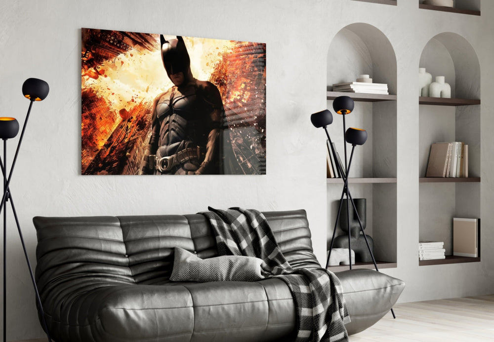 Batman and Gotham City glass wall art styled above a console in a gaming room