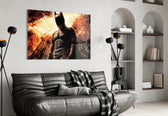 Batman and Gotham City glass wall art styled above a console in a gaming room