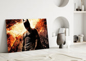 Batman and Gotham City close-up showing Dark Knight before burning Gotham skyline