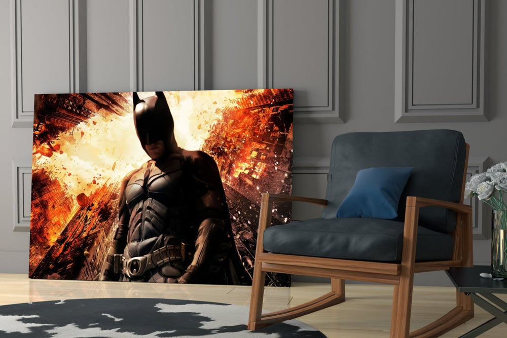 Batman and Gotham City glass print enhancing a teen lounge with cinematic mood