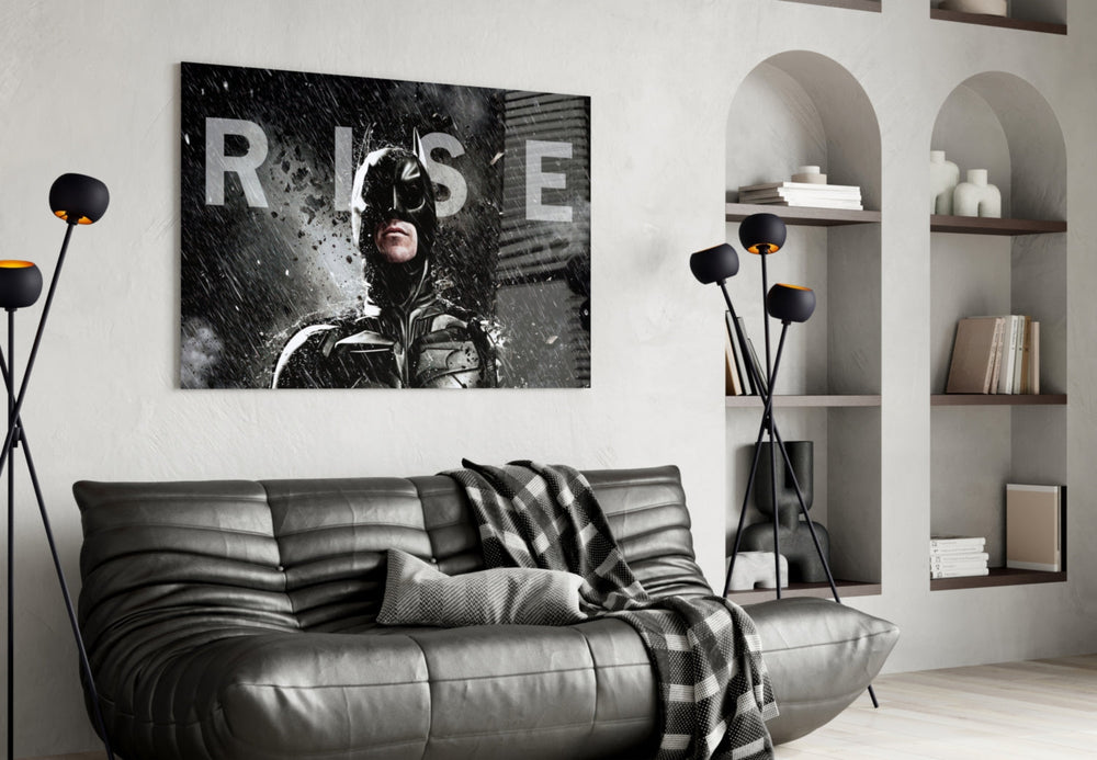Batman Rise glass wall art styled above a console in a gaming room
