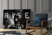Batman Rise glass print enhancing a teen lounge with cinematic mood