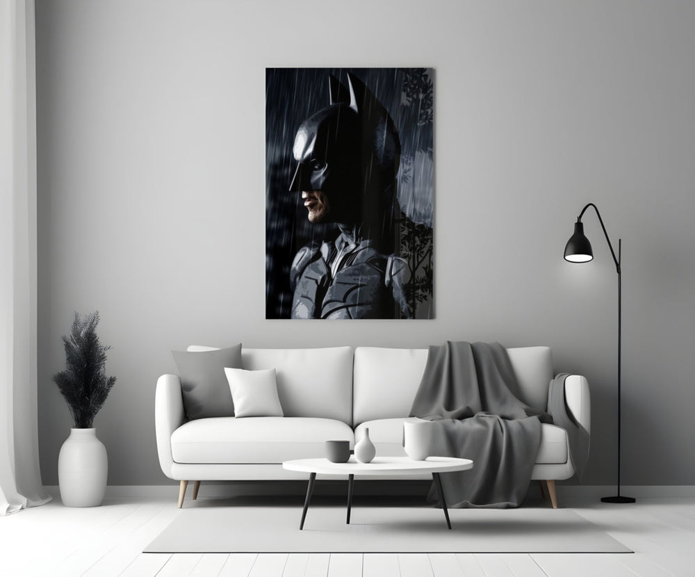 Batman close-up showing Dark Knight cowl in painterly profile through falling rain