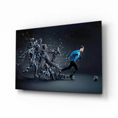 Christiano Ronaldo glass wall art displayed above a leather chesterfield in a moody man cave with reclaimed-wood console and brass arc lamp
