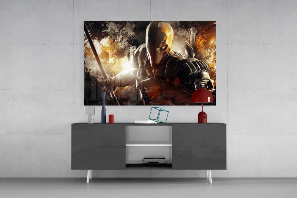 Slade Wilson panel catching screen glow to reveal its menacing warmth