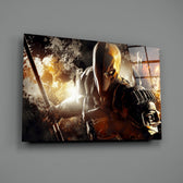 Cinematic-poster panel bringing menacing warmth to a contemporary home theater