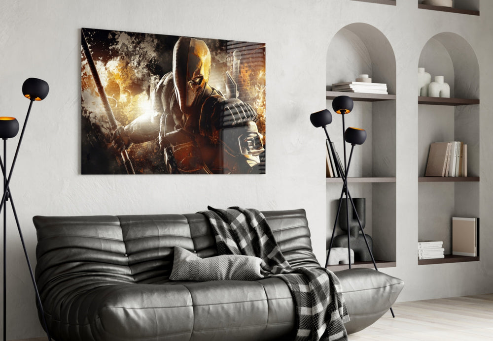 Slade Wilson glass wall art styled above a console in a gaming room