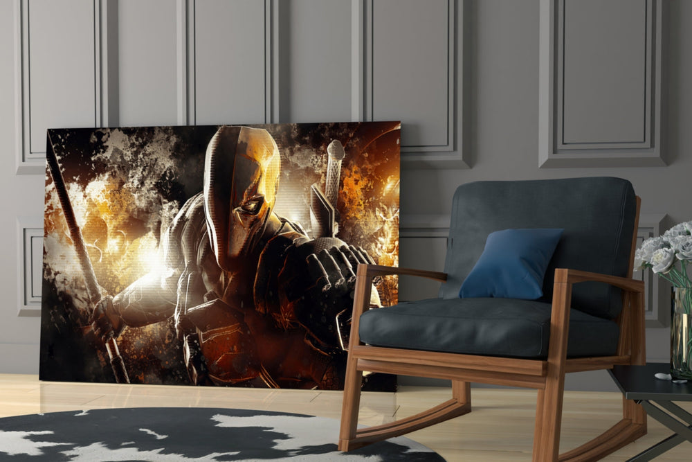 Slade Wilson glass print enhancing a teen lounge with cinematic mood