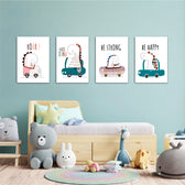 Cute Dinos in Cars 4 Pieces Kids Metal Wall Art.