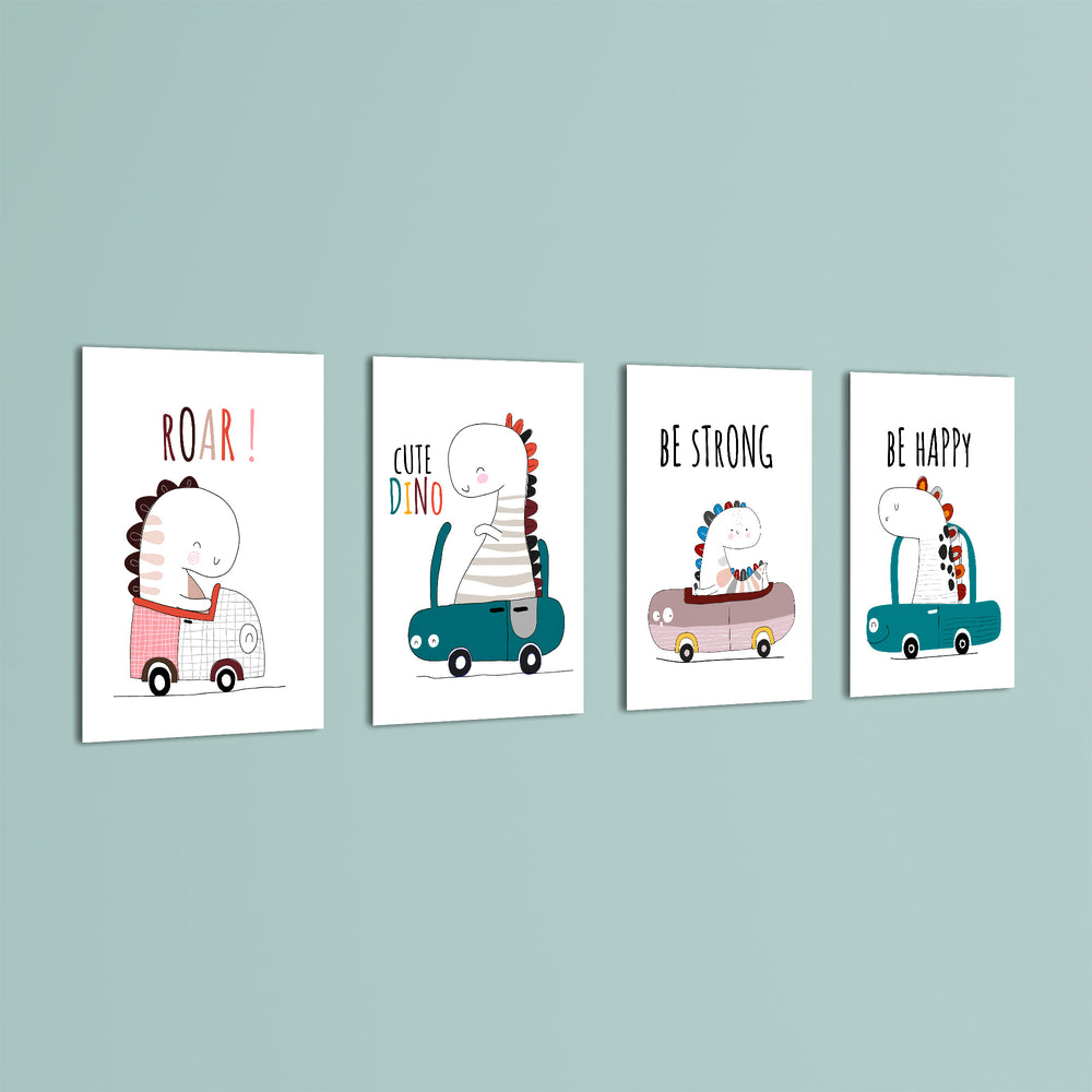 Cute Dinos in Cars 4 Pieces Kids Metal Wall Art.
